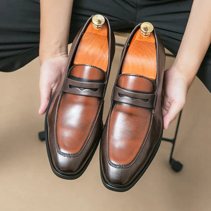 Elegant Leather Penny Loafers for Women with Contrast Panel Pointed Toe Slip On Formal Style