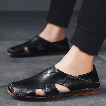 Comfortable Leather Slip On Sandal for Women with Closed Toe Cutout Hand Stitched Flat Style