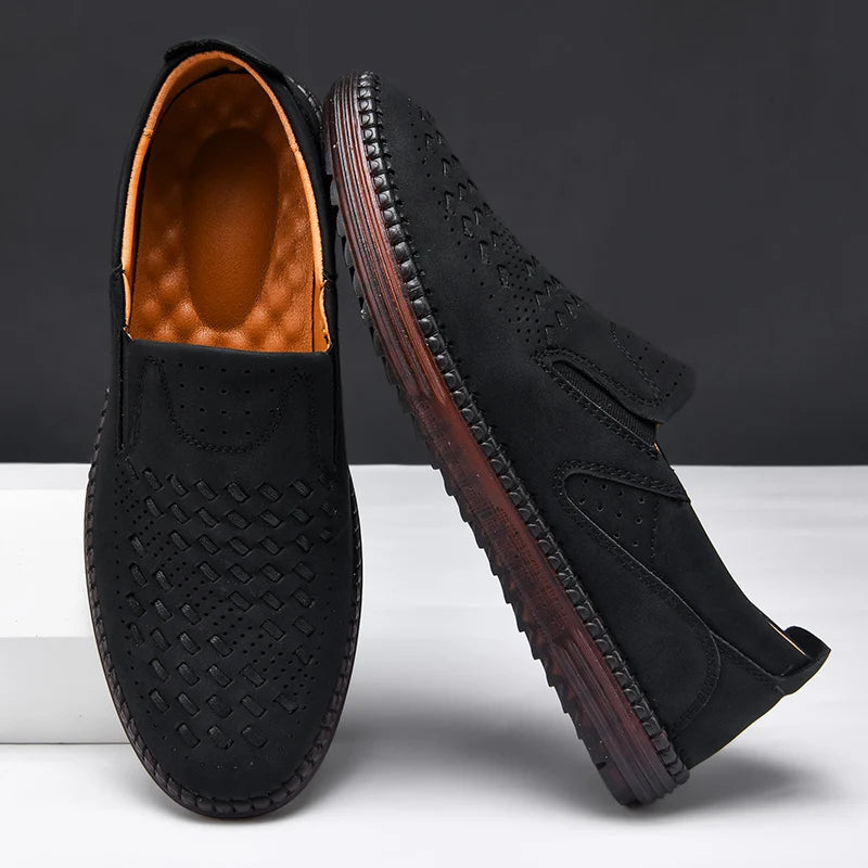 Comfortable Woven Leather Loafers for Women with Perforated Toe Slip On Hand Stitched Casual Style