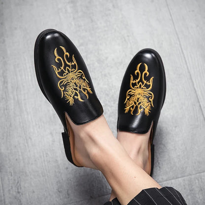Stylish Embroidered Dragon Leather Mule for Women with Backless Slip On Round Toe Casual Style