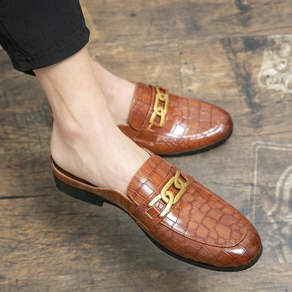 Elegant Croc Embossed Leather Mule Loafer for Women with Chain Buckle Square Toe Slip On Casual Style