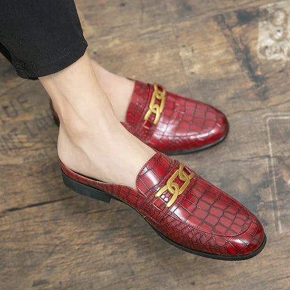 Elegant Croc Embossed Leather Mule Loafer for Women with Chain Buckle Square Toe Slip On Casual Style