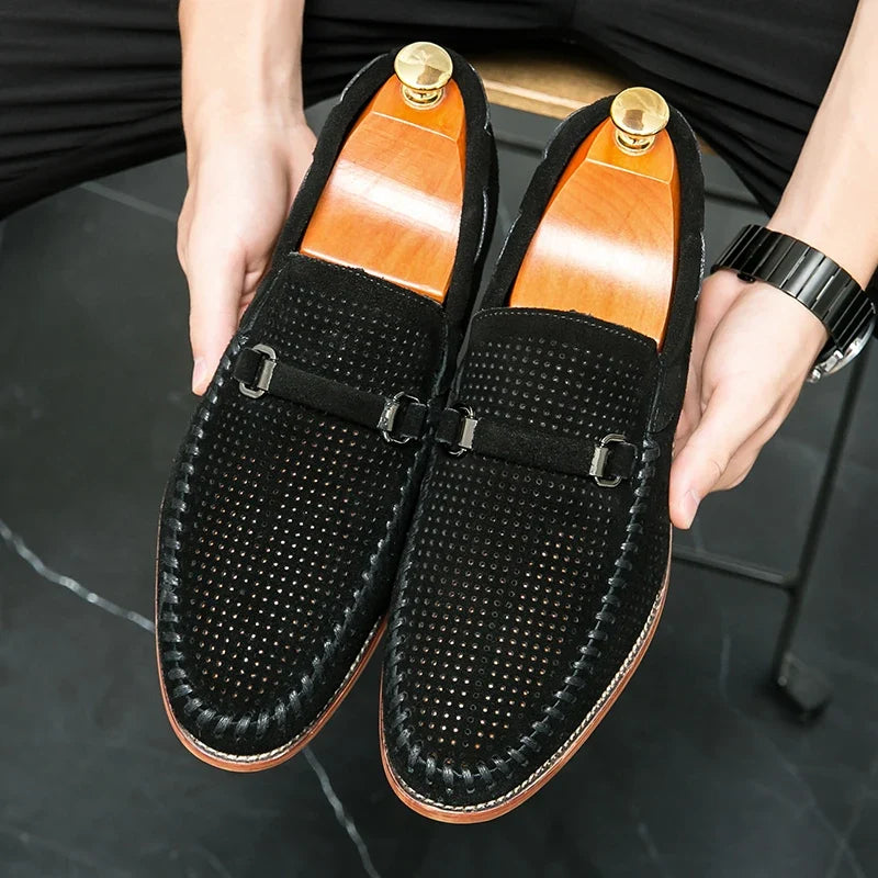 Stylish Perforated Suede Loafer for Women with Horsebit Buckle Moc Toe Slip On Casual Style