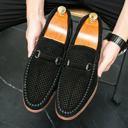 Stylish Perforated Suede Loafer for Women with Horsebit Buckle Moc Toe Slip On Casual Style