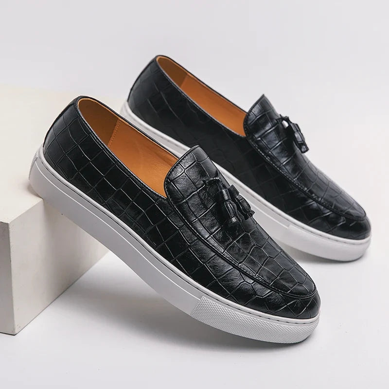 Stylish Croc Embossed Leather Loafer for Women with Tassel Detail Slip-On Round Toe Casual Style