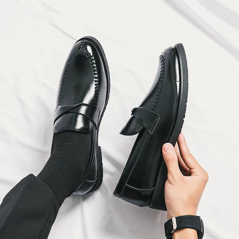 Stylish Leather Penny Loafers for Women with Woven Strap Stitched Apron Chunky Sole Style