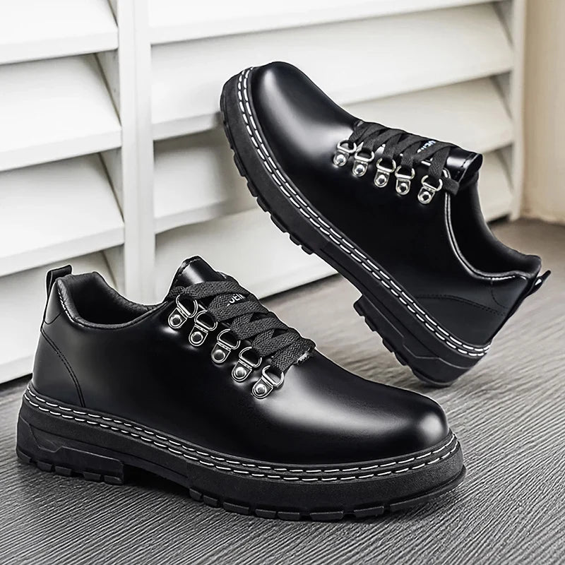 Elegant Black Leather Lace-Up Shoe for Women with Round Toe Platform Sole Casual Style