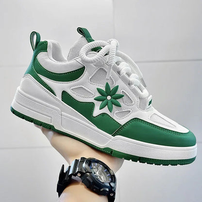 Stylish Mesh Platform Sneaker for Women with Lace Up Floral Applique Chunky Sole Casual Style