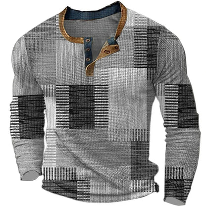 Effortless Patchwork Print Henley Shirt for Women with Button Placket Long Sleeve Contrast Collar Relaxed Style