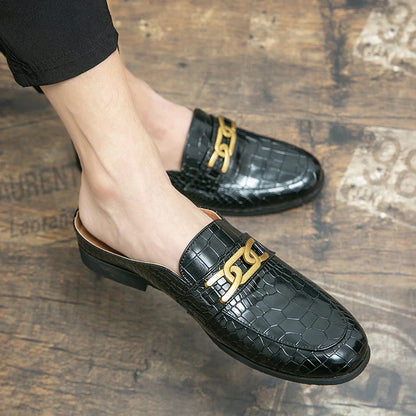 Elegant Croc Embossed Leather Mule Loafer for Women with Chain Buckle Square Toe Slip On Casual Style