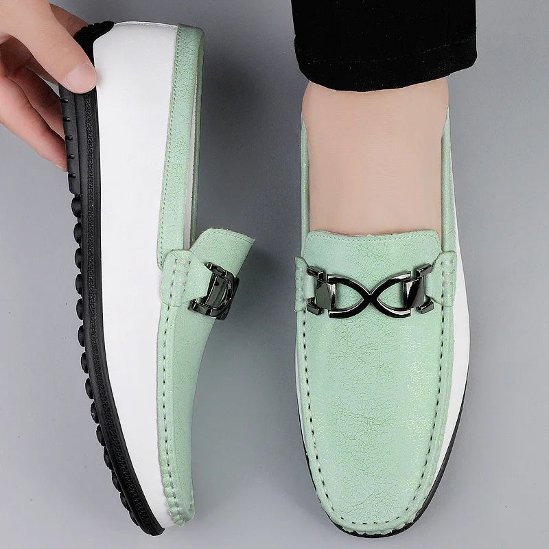 Comfortable Leather Loafer for Women with Metal Buckle Round Toe Slip On Casual Style