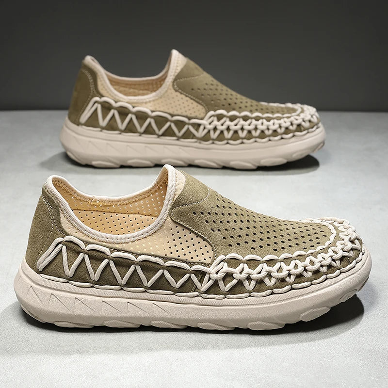 Comfortable Suede Slip On Loafer Sneaker for Women with Woven Stitch Perforated Chunky Sole Style