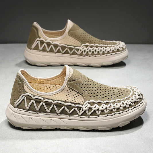 Comfortable Suede Slip On Loafer Sneaker for Women with Woven Stitch Perforated Chunky Sole Style