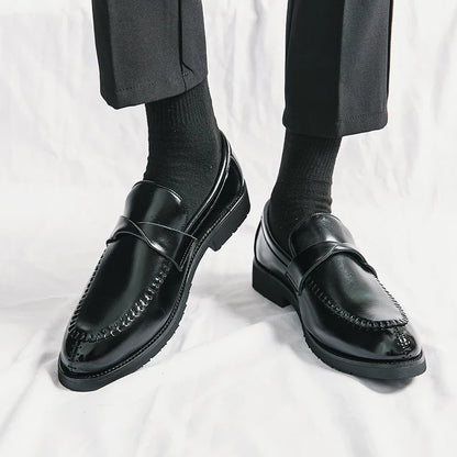Stylish Leather Penny Loafers for Women with Woven Strap Stitched Apron Chunky Sole Style