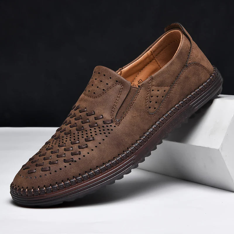 Comfortable Woven Leather Loafers for Women with Perforated Toe Slip On Hand Stitched Casual Style