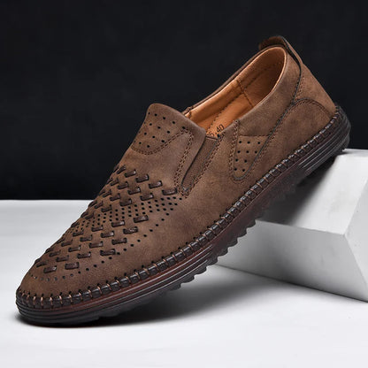 Comfortable Woven Leather Loafers for Women with Perforated Toe Slip On Hand Stitched Casual Style
