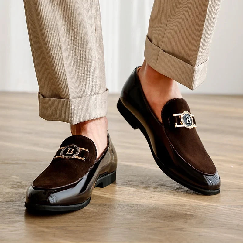 Stylish Suede Loafers for Women with Patent Toe Cap Metallic Buckle Slip On Style