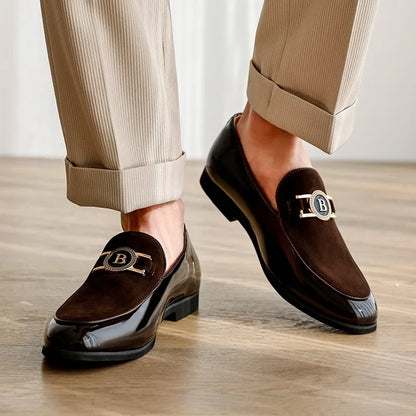 Stylish Suede Loafers for Women with Patent Toe Cap Metallic Buckle Slip On Style