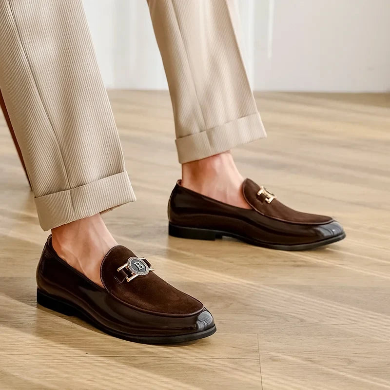 Stylish Suede Loafers for Women with Patent Toe Cap Metallic Buckle Slip On Style