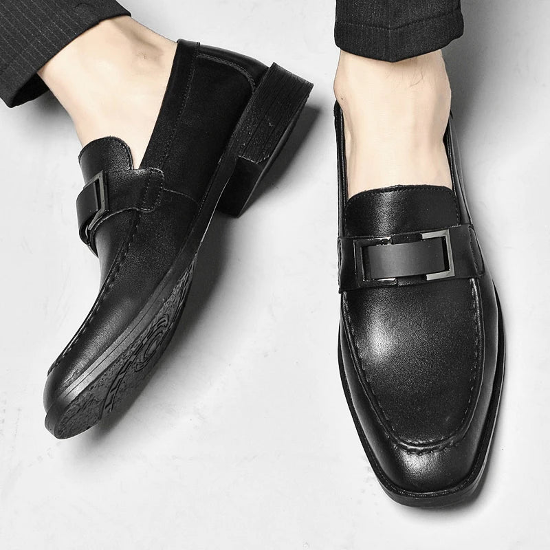 Stylish Leather Loafer for Women with Metal Buckle Square Toe Slip On Casual Style