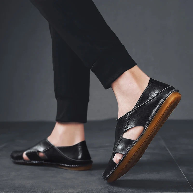Comfortable Leather Slip On Sandal for Women with Closed Toe Cutout Hand Stitched Flat Style