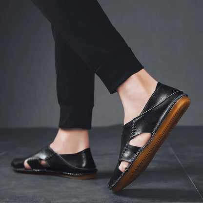 Comfortable Leather Slip On Sandal for Women with Closed Toe Cutout Hand Stitched Flat Style