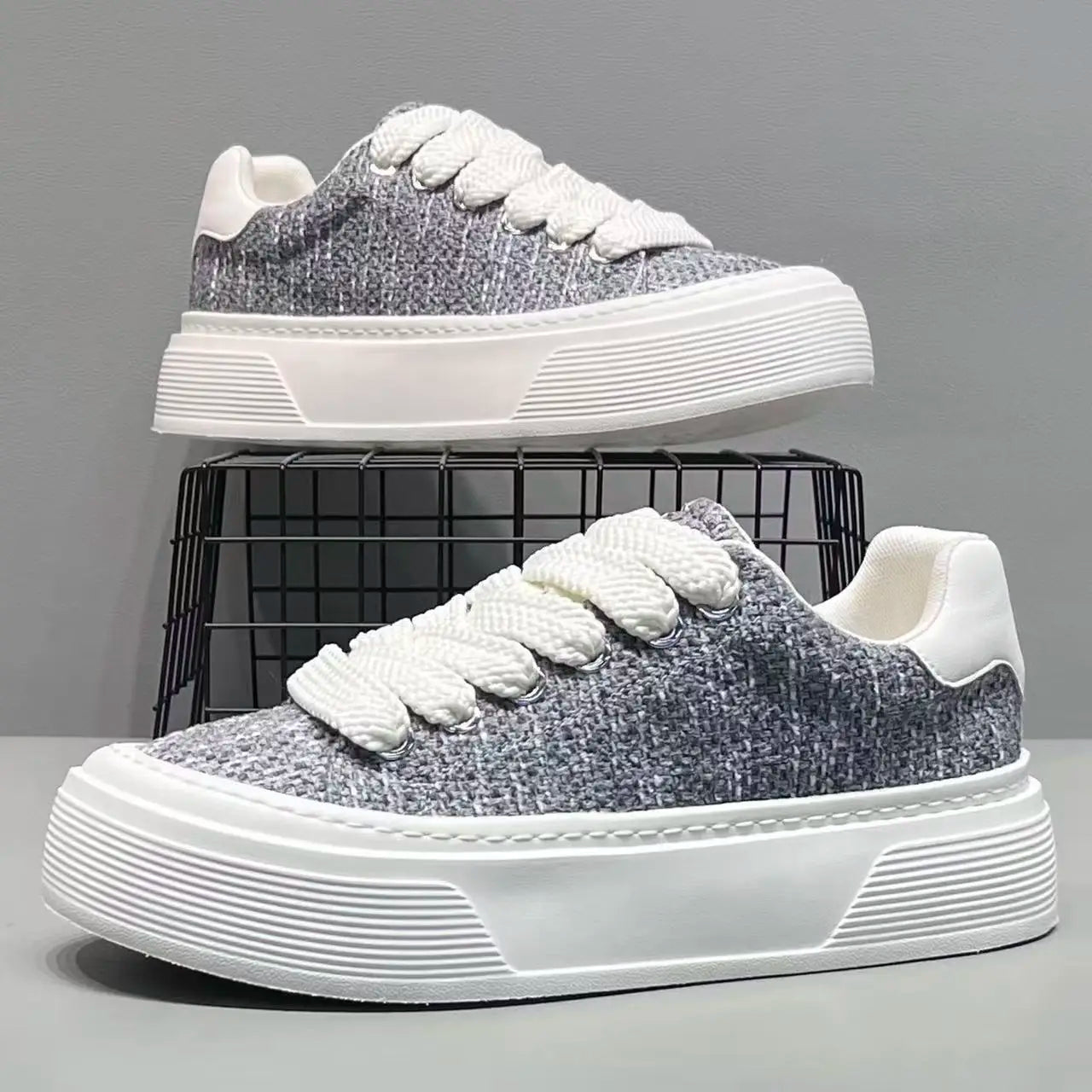 Stylish Tweed Platform Sneaker for Women with Round Toe Lace Up Chunky Sole Casual Style