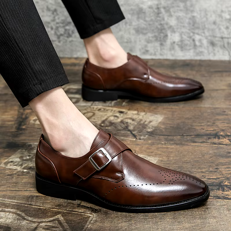 Stylish Leather Monk Strap Dress Shoe for Women with Pointed Toe Brogue Detail Buckle Closure Style