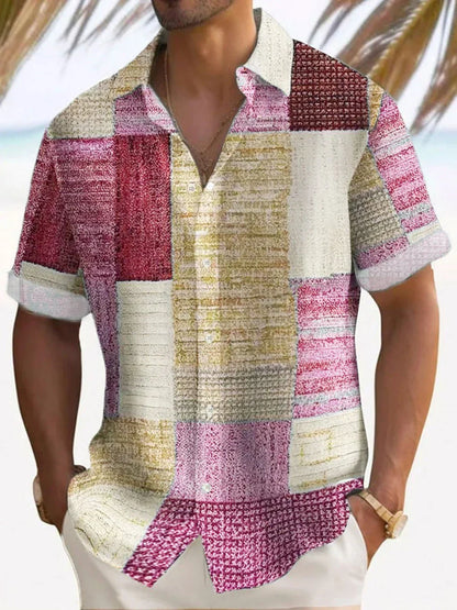 Effortless Patchwork Print Button Up Shirt for Women with Collar Short Sleeve Relaxed Casual Style