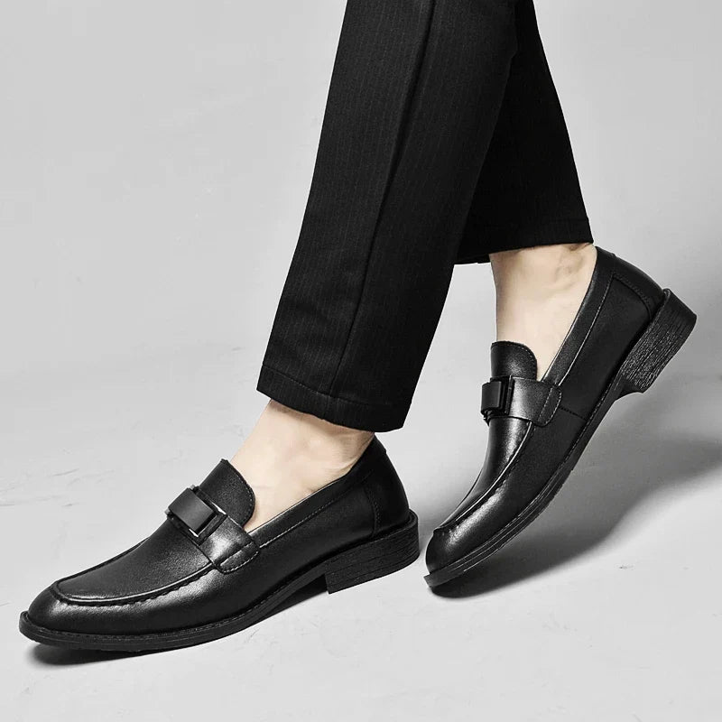 Stylish Leather Loafer for Women with Metal Buckle Square Toe Slip On Casual Style