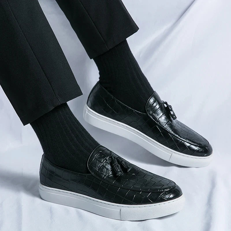 Stylish Croc Embossed Leather Loafer for Women with Tassel Detail Slip-On Round Toe Casual Style