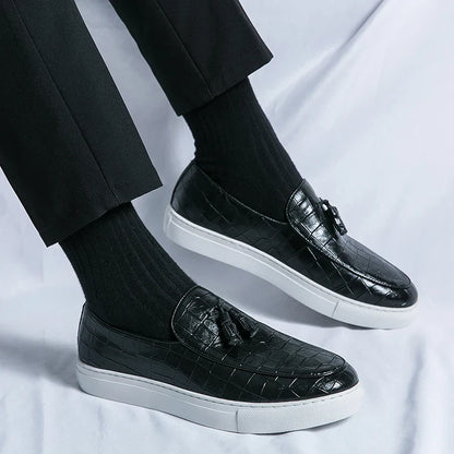 Stylish Croc Embossed Leather Loafer for Women with Tassel Detail Slip-On Round Toe Casual Style