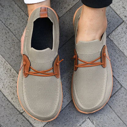 Comfortable Knit Slip-On Sneaker for Women with Elastic Lace Leather Trim Casual Style