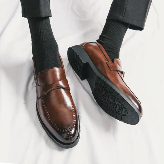 Stylish Leather Penny Loafers for Women with Woven Strap Stitched Apron Chunky Sole Style