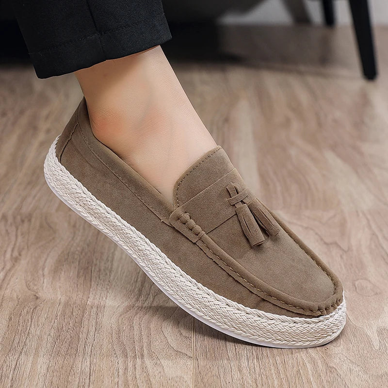 Comfortable Suede Tassel Loafer for Women with Espadrille Braided Sole Slip On Casual Style