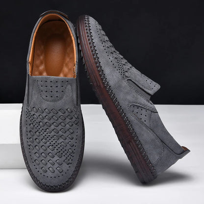 Comfortable Woven Leather Loafers for Women with Perforated Toe Slip On Hand Stitched Casual Style