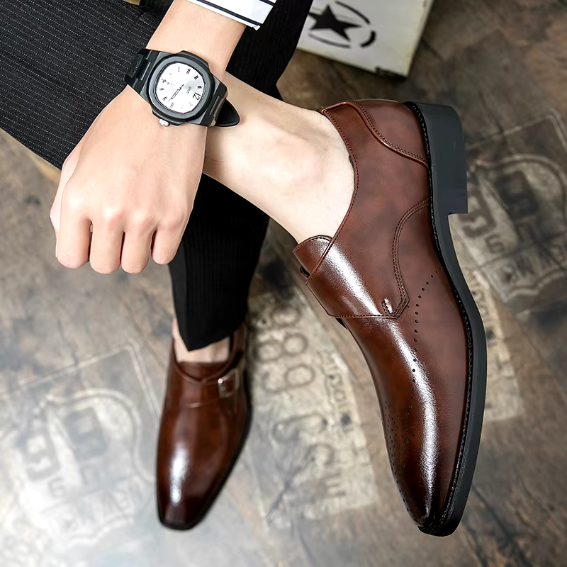 Stylish Leather Monk Strap Dress Shoe for Women with Pointed Toe Brogue Detail Buckle Closure Style