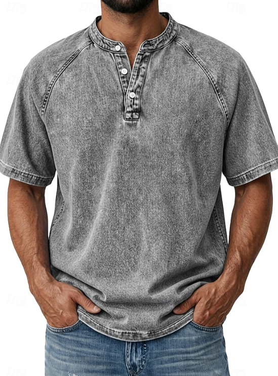 Effortless Denim Henley Shirt for Women with Band Collar Short Sleeve Raglan Button Placket Casual Style
