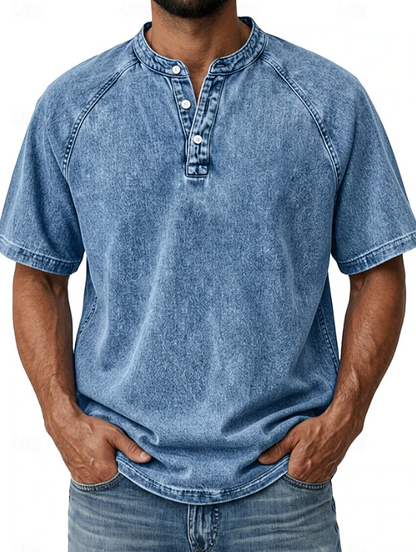 Effortless Denim Henley Shirt for Women with Band Collar Short Sleeve Raglan Button Placket Casual Style