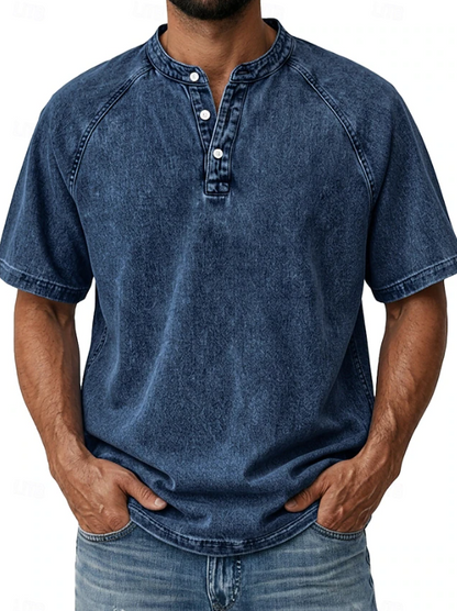 Effortless Denim Henley Shirt for Women with Band Collar Short Sleeve Raglan Button Placket Casual Style
