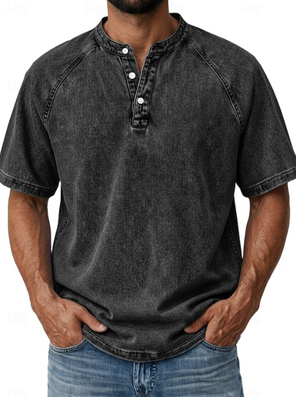 Effortless Denim Henley Shirt for Women with Band Collar Short Sleeve Raglan Button Placket Casual Style