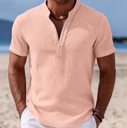 Effortless Linen Shirt for Women with Band Collar Short Sleeve Button Placket Casual Style