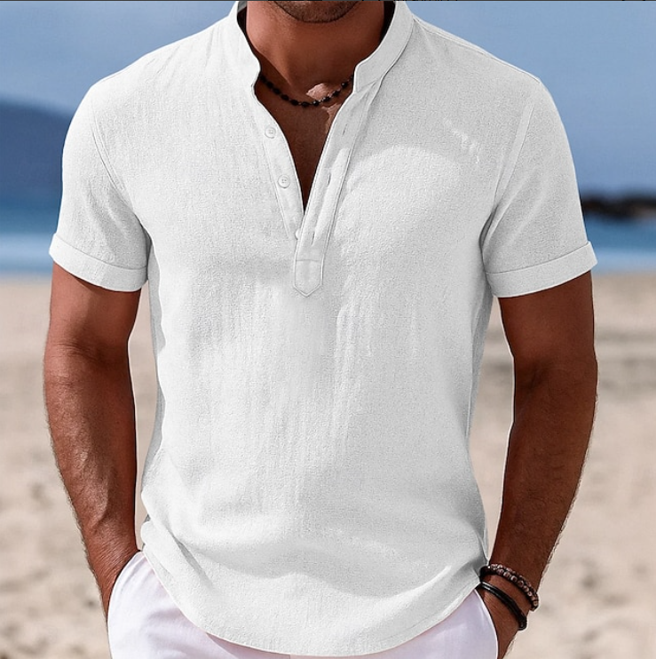 Effortless Linen Shirt for Women with Band Collar Short Sleeve Button Placket Casual Style
