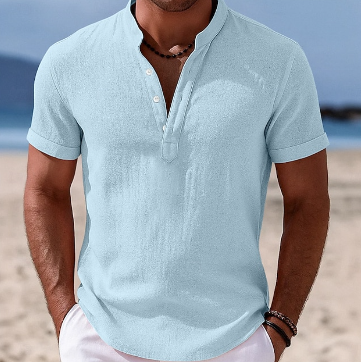 Effortless Linen Shirt for Women with Band Collar Short Sleeve Button Placket Casual Style