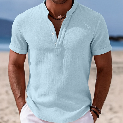 Effortless Linen Shirt for Women with Band Collar Short Sleeve Button Placket Casual Style