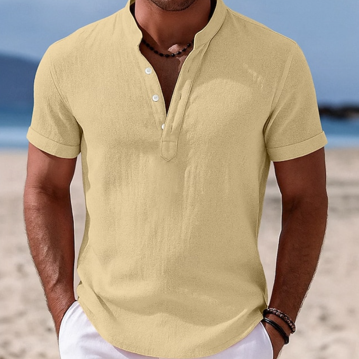 Effortless Linen Shirt for Women with Band Collar Short Sleeve Button Placket Casual Style
