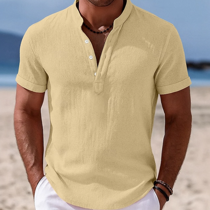 Effortless Linen Shirt for Women with Band Collar Short Sleeve Button Placket Casual Style