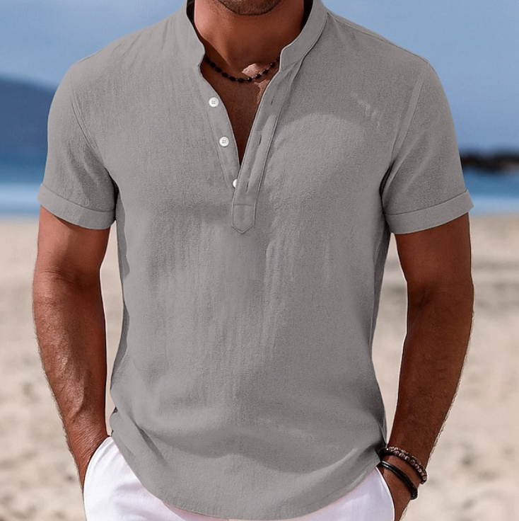 Effortless Linen Shirt for Women with Band Collar Short Sleeve Button Placket Casual Style