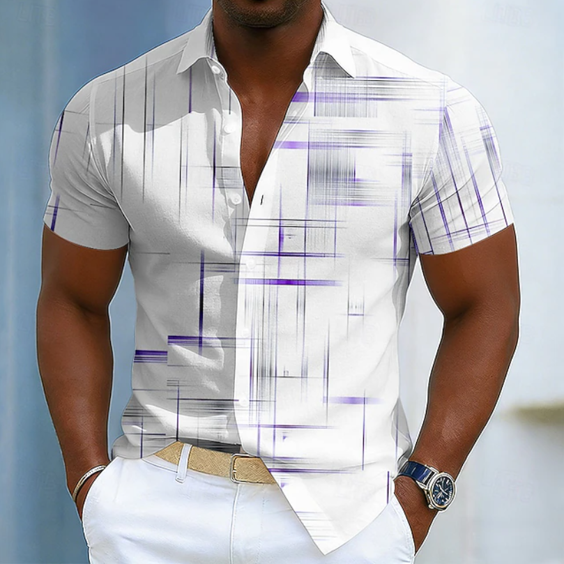 Effortless Geometric Print Button Up Shirt for Women with Collar Short Sleeve Relaxed Casual Style