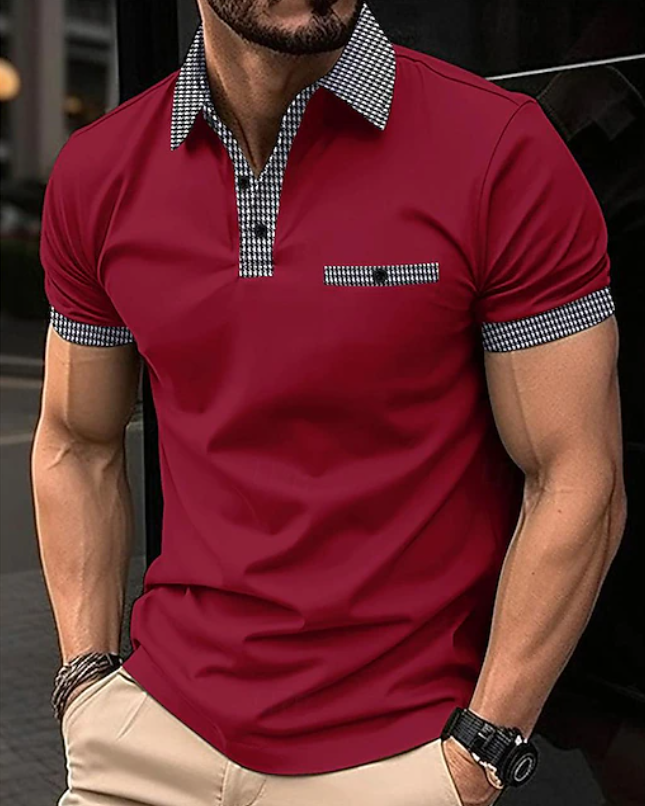 Effortless Houndstooth Trim Polo Shirt for Women with Collar Short Sleeve Button Placket Casual Style